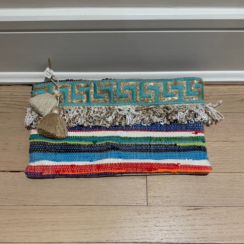 Multicolor Woven Clutch with Tassels